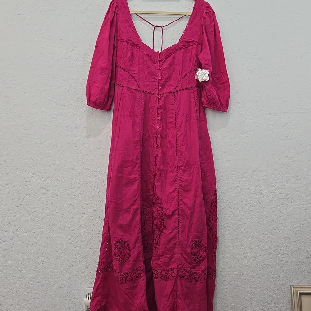 Free People Lisa Lace Midi Dress in Hollyhock Pink - Picture 3 of 7